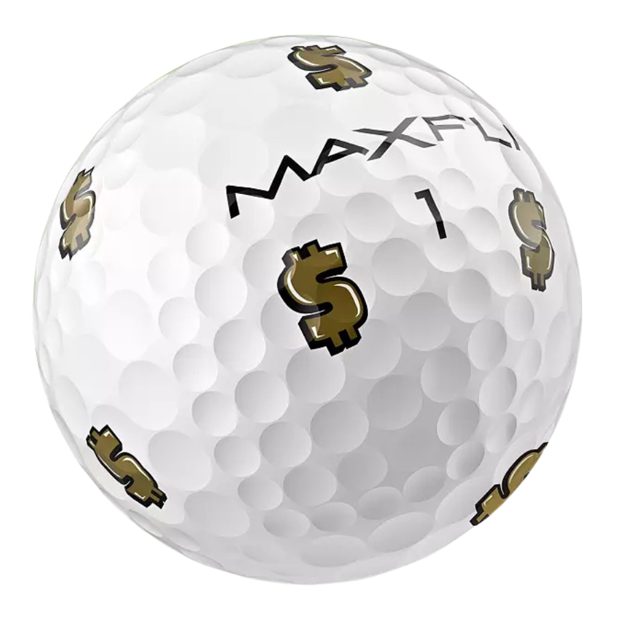 A white dimpled golf ball with black 'MAXFLI' lettering and gold dollar sign graphics, isolated on a white background. MaxFli All-Over Used Golf Balls