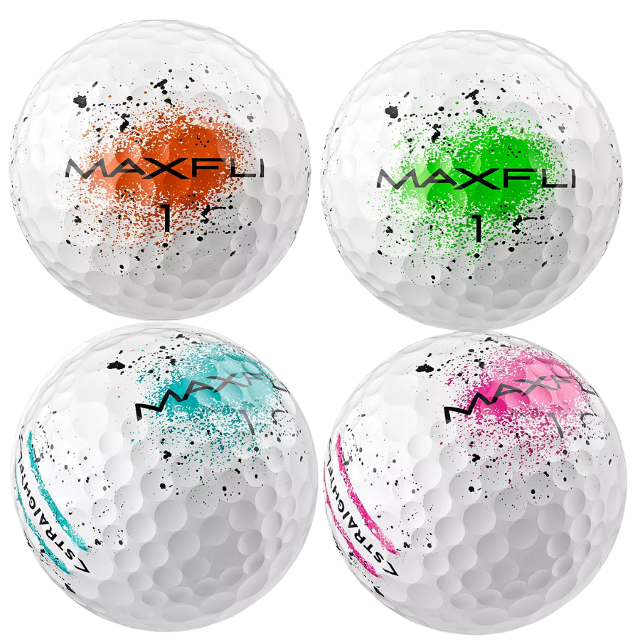 Four Colored Maxfli Straightfli Graffiti Used Golf Balls in Orange, Pink, Blue and Green