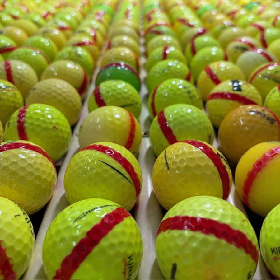 Yellow Range Balls With Red Stripe