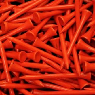 A collection of neon orange wooden golf tees