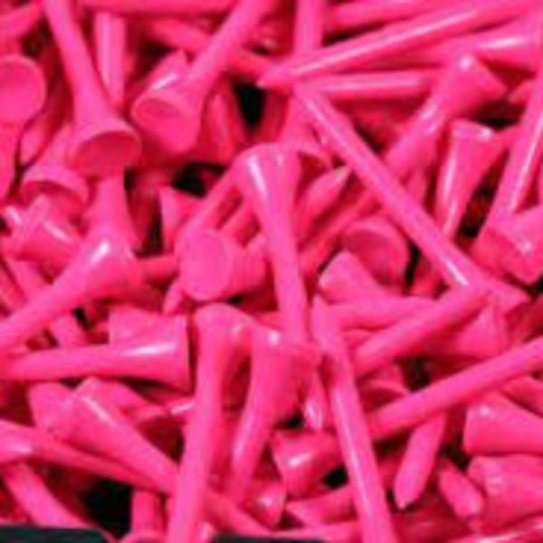 A collection of neon pink wooden golf tees