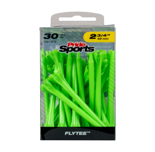 A package of 30 bright green Flytee golf tees by Pride Sports, 2 3/4 inches (69 mm) in length, shown in its retail packaging against a white background. Pride Sports Flytee  Golf Tees 2 3/4" Lime Green Color.