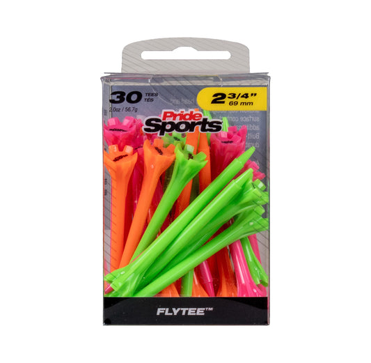 Pack of 30 Pride Sports Flytee 2 3/4 inch golf tees in assorted neon colors including green, orange, pink, and yellow, in a clear plastic blister pack with a gray cardboard header. Pride Sports Flytee  Golf Tees 2 3/4" Neon Color Mix.