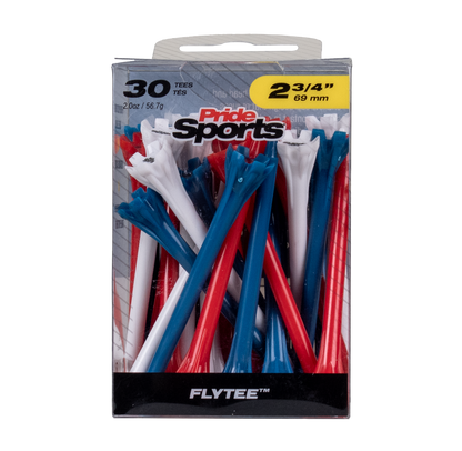 A package of 30 Pride Sports FLYTEE 2 3/4 inch golf tees in red, white, and blue, shown in its clear plastic retail box against a white background. Pride Sports Flytee  Golf Tees 2 3/4" Patriot Colors