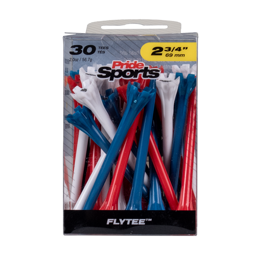 A package of 30 Pride Sports FLYTEE 2 3/4 inch golf tees in red, white, and blue, shown in its clear plastic retail box against a white background. Pride Sports Flytee  Golf Tees 2 3/4" Patriot Colors