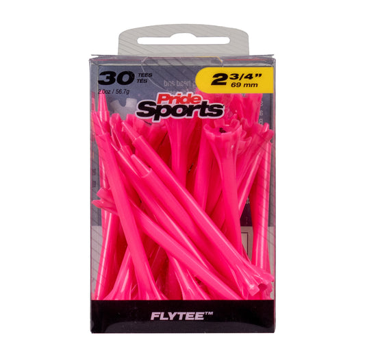 A package of 30 pink Flytee 2 3/4 inch braid head fly fishing flies by Pride Sports, shown in its retail packaging against a white  background. Pride Sports Flytee  Golf Tees 2 3/4" Pink Color