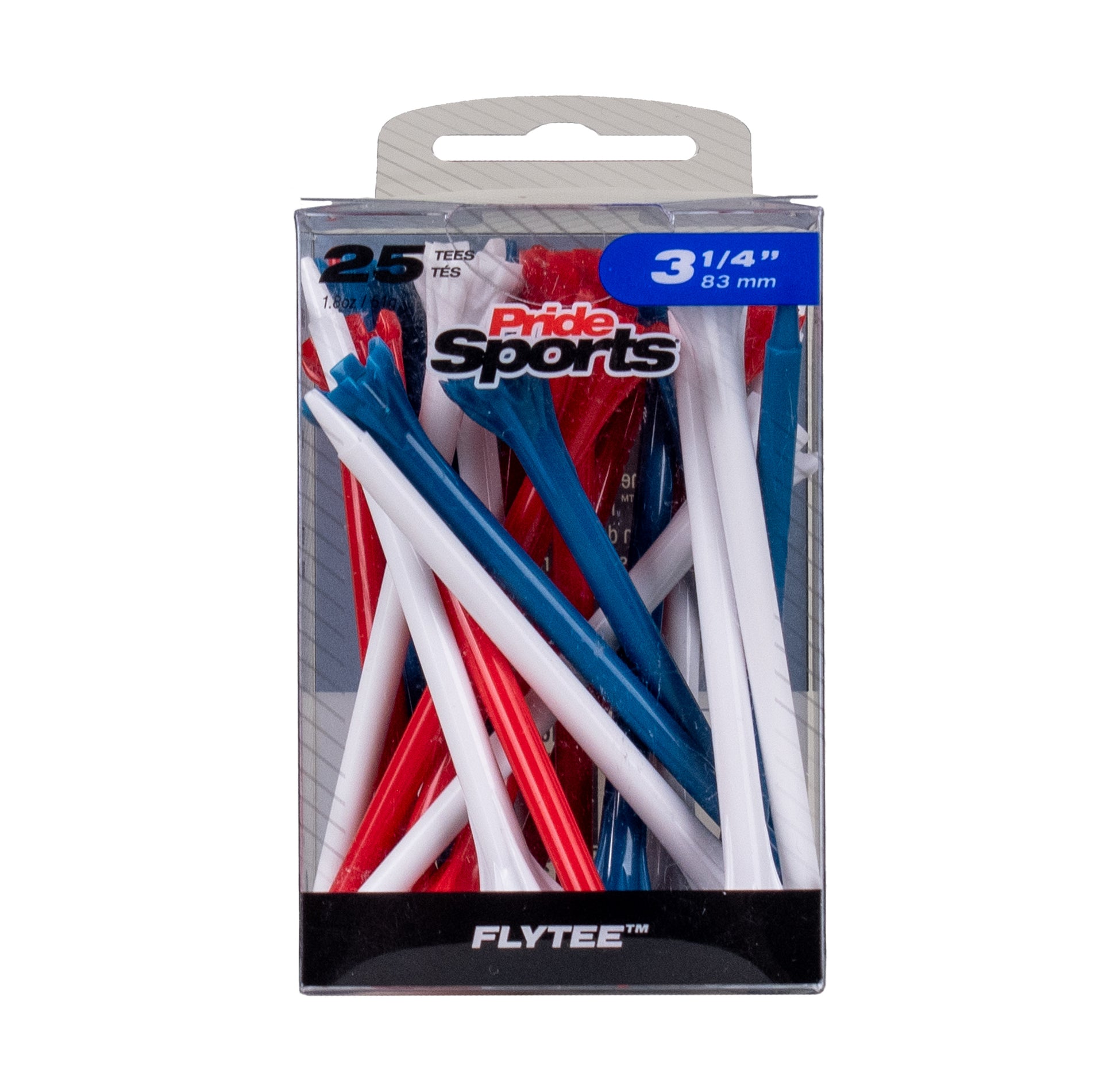 A retail package of 25 Flytee brand fly ties in red, white, and blue, shown in its clear plastic blister pack with a cardboard hanger. Pride Sports Flytee  Golf Tees 31/4" Patriot Colors
