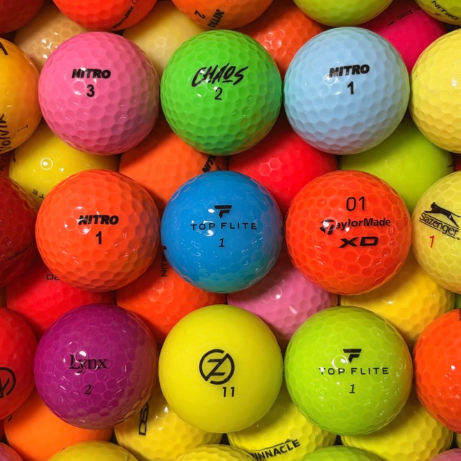 Assorted colorful golf balls with various brands and numbers on a pile.
