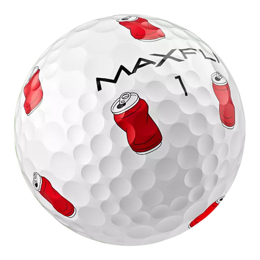 A white dimpled golf ball printed with red soda cans and the word MAXFLI, shown on a plain white background. MaxFli All-Over Used Golf Balls