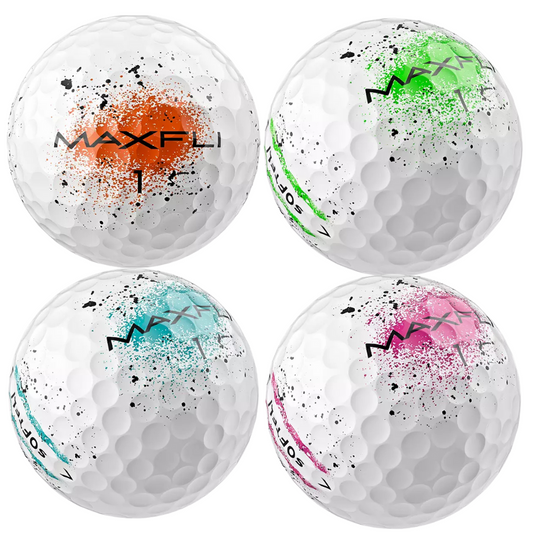 Four Maxfli golf balls with colorful speckles on a white background