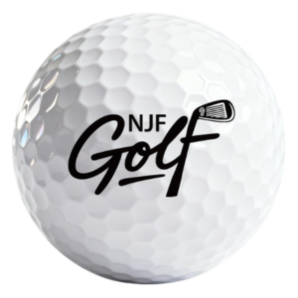 Golf ball with NJF Golf logo on a white background