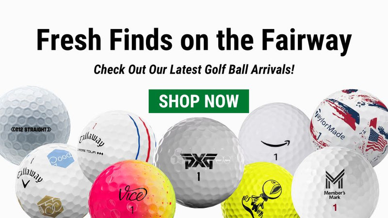 Promotional image of various golf balls with brand logos and text about new arrivals available for purchase at golfballs.net