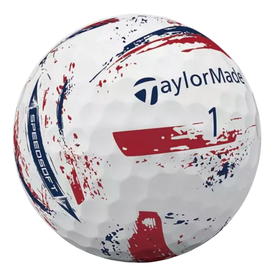 TaylorMade golf ball with red and blue splatter design on a white background used golf balls